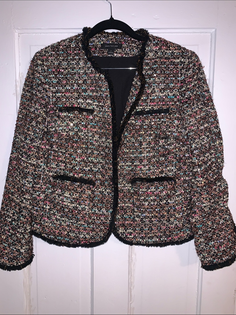 Ann Taylor Multicolor Sequined Tweed Blazer with Fringe Trim
